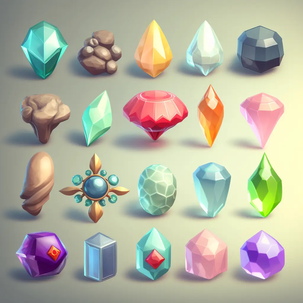 game sheet of different types of mystic gems, light background, clay render, oily, shiny, bevel, blender, style of Hearthstone 